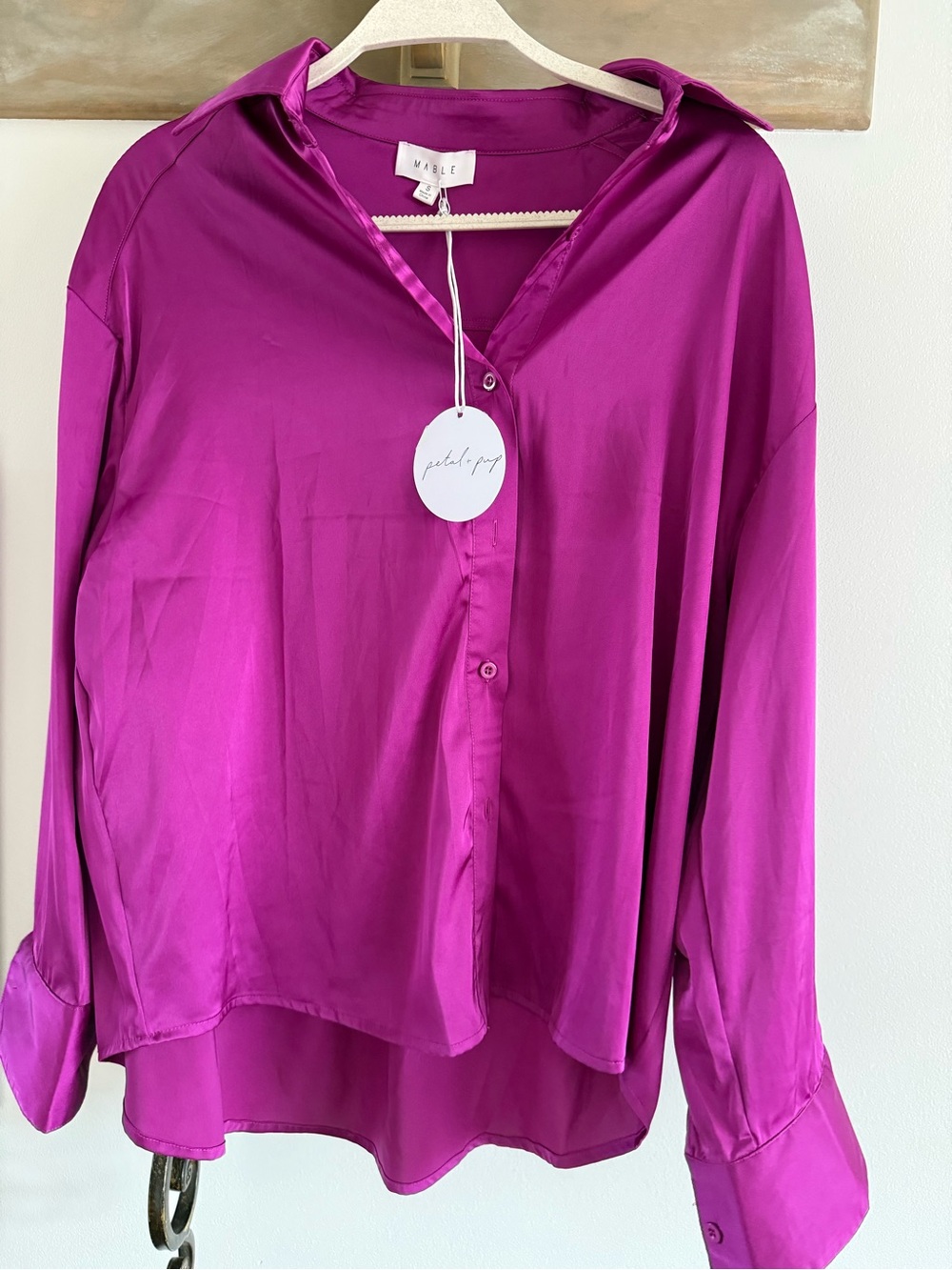 MABLE Petal & Pup Satin Button-Down Blouse in Magenta